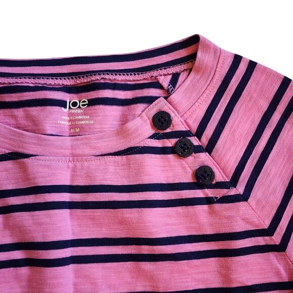 Joe Fresh Womens Knit Top Size M Pink Navy 3/4 Raglan Sleeve Button Shoulder - Picture 5 of 11